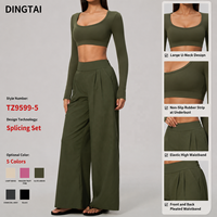 Ensemble de yoga Dingtai pour femme, haut court à col en U et manches longues, pantalon large, brossé, antidérapant, rembourré, effet ventre plat, extensible dans quatre directions, séchage rapide