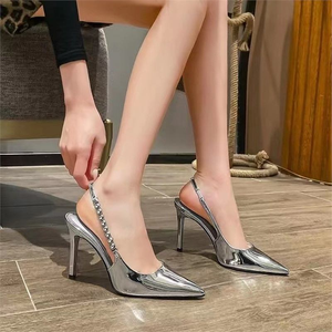 High quality Women's Shoes Pointed Toe Stiletto <b>Heeled</b> Sandals Chain Decor Slingback Pumps Fashion Sexy Party Dress ladies shoes - Product Image 2
