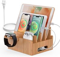Support de charge moderne en bambou écologique, organiseur multi-appareils, stations de charge pour téléphones portables, 5 câbles, sans chargeur secteur