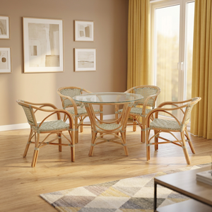 Modern <b>Rattan</b> Dining Set 6 Piece Round Glass Table Cross Back <b>Chairs</b> Contemporary Home Furniture for Dining Room - Product Image 1