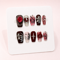 10 pièces Faux ongles à presser faits main, courts forme cercueil, motif toile d'araignée cramoisie, strass 3D et croix, vente en gros