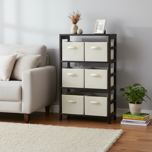 Scaffale portaoggetti Capri a 3 sezioni con 6 cestini in tessuto beige, modello pieghevole D0100HHCUBA - Product Image 3