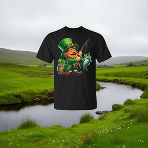 Camiseta del Día de San Patricio con diseño de leprechaun pescando, diseño de trébol irlandés, cuello redondo, manga corta, ropa para adultos - Product Image 3