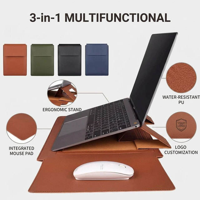Custom Logo Laptop Sleeve Bag with Built-in Stand & Mouse Pad 13 14 15 Inch Waterproof PU Leather Case for MacBook