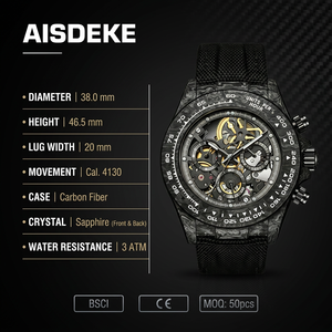 Montre squelette en fibre de carbone avec logo personnalisé, chronographe automatique 4130, luxe sport pour homme, bracelet en nylon OEM 20mm, breloque à aiguille, faible MOQ - Product Image 1