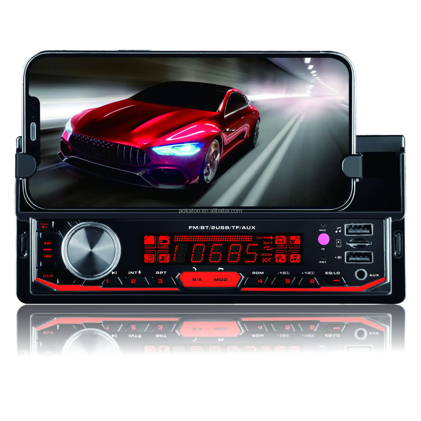 Car Cellphone holder radio audio mp3 player supported BT 12v car aux with Dual USB with mobile phone recharging
