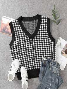 Pull-over tricoté <span class=keywords><strong>sans</strong></span> manches, col en V, coréen, pull-over, <span class=keywords><strong>haut</strong></span> ample, <span class=keywords><strong>pied</strong></span>-<span class=keywords><strong>de</strong></span>-<span class=keywords><strong>poule</strong></span>, collection automne hiver, - Product Image 6