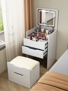 <span class=keywords><strong>Coiffeuse</strong></span> tout-en-un avec <span class=keywords><strong>miroir</strong></span> <span class=keywords><strong>LED</strong></span>, 2 tiroirs et tabouret rembourré – Table de maquillage intégrée moderne pour chambre d'hôtel - Product Image 5