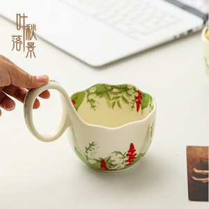 Cesta de cerámica para frutas con diseño de lirio del valle verde, plato para postres y aperitivos con asa para uso doméstico. - Product Image 3