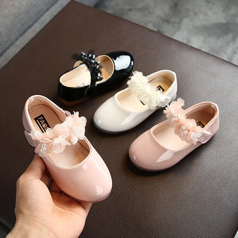 Lovely princess pu leather flower baby girls party shoes black white performance shoes toddler birthday dress shoes