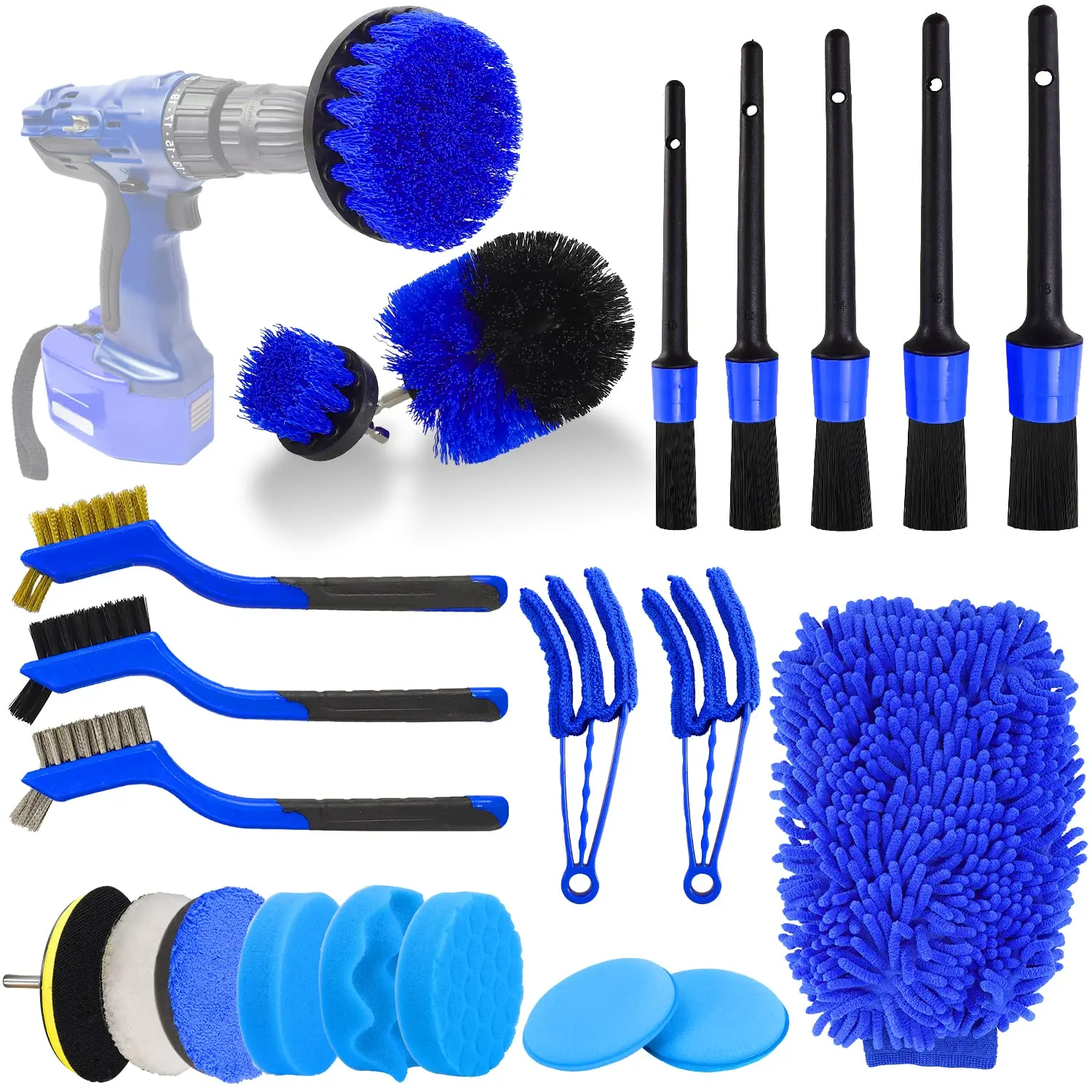 Kit de brosses pour voiture, 22 pièces, nettoyage intérieur avec perceuse automatique, brosse douce, éponge, tampons de polissage