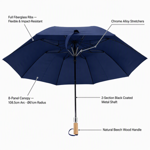 Elegante Paraguas Compacto de Dos Pliegues en Azul Mediterráneo Intenso con Mango de Madera, Ideal para Regalo al Estilo de la <span class=keywords><strong>Riviera</strong></span> Italiana y Uso Diario - Product Image 2