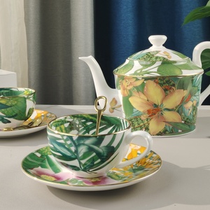 Hot Selling European Style Green Leaf Pattern 4pcs Bone China Dinner Plates and Cup Sets - Product Image 5