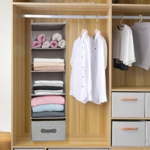 Hanging Closet Organizer 6-Shelf With <b>Drawer</b> Dark Gray Foldable <b>For</b> Clothing Bedroom <b>Storage</b> - Product Image 3