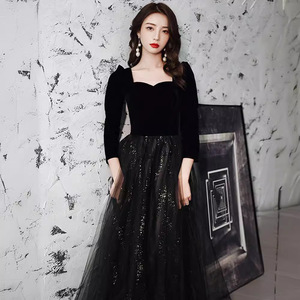 Women's Black Velvet Evening Dress Sweetheart Neckline Long Sleeve A-Line Empire Waist Formal Party Host Art Exam Dress - Product Image 1
