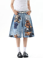 Shorts en jean baggy bleu YUANBOFEI, taille mi-haute, style urbain, imprimé ours en peluche, coupe large, polyvalents pour femme