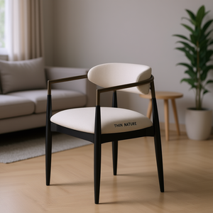 Poltrona beige e nera con schienale aperto e gambe in legno, sedia da soggiorno in stile moderno metà secolo - Product Image 2