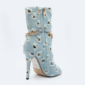 <span class=keywords><strong>Bottes</strong></span> uniques bottines à bout ouvert stiletto chaîne métallique garniture bleu ciel déchiré bout pointu <span class=keywords><strong>bottes</strong></span> de cowboy - Product Image 4