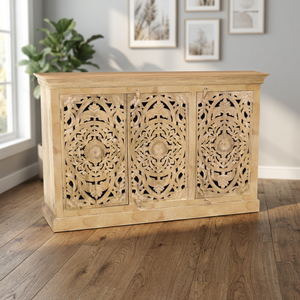 Aparador de 3 Puertas de Madera de Mango Sólida, Ecológico y Hecho a Mano, con Intrincados Tallados, Mueble de Almacenamiento Moderno de Rajasthan - Product Image 3