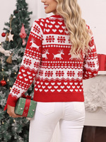 Pull Jacquard Femme Hiver Noël Motif Renne Dessin Animé Nouveauté Tricoté Col Rond Manches Longues Haut de Fête pour Fêtes de Fin d'Année Vente en Gros