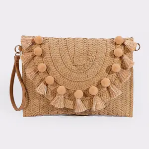 BELOHNUNG Neue Trendy Rafia Stroh Damen Brieftasche Strand tasche Umschlag Damen Clutch Handtasche und Geldbörse mit Pom Pom Quaste