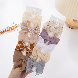 5 pièces fille nouveau-né doux Mini <span class=keywords><strong>Fable</strong></span> arcs Clips imprime broderie coton lin mousseline bébé cheveux accessoires ensemble - Product Image 5