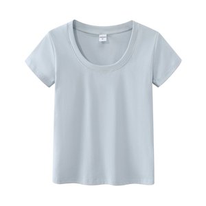 T-shirt court à col U pour femme, 92% coton, 8% élasthanne, avec logo brodé personnalisé, t-shirt court extensible à col rond pour femme - Product Image 2