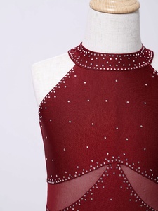 Maillot de patinaje artístico para niñas con flecos, cuello halter, cuello con pedrería, espalda con abertura, mangas sin dedos, disfraz de malla para competición, personalizado - Product Image 3