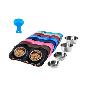 أوعية للكلاب من الفولاذ المقاوم للصدأ عبوة من قطعتين سجادة سيليكون غير قابلة للتزلج مغرفة طعام للكلاب الكبيرة والقطط الصغيرة والقطط السوداء - Product Image 1