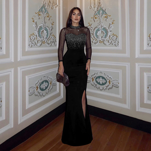 European and American Beaded Net Silk <b>Long</b>-Sleeved Patched Waist Opening <b>Skirt</b> Women's Fitted Evening Dress - Product Image 3