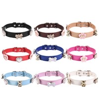 Collier pour animaux de compagnie en cuir PU, nouveau design, motif dessin animé, luxe, breloques DIY, décorations pour chiens et chats avec nœud et strass, vente en gros