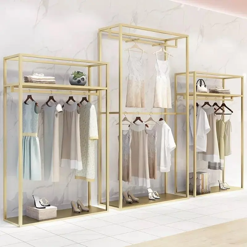 Fashion Design Women Garment Shop Clothes Shelving Metal Gold Clothes Display Racks For Clothes Store Furniture