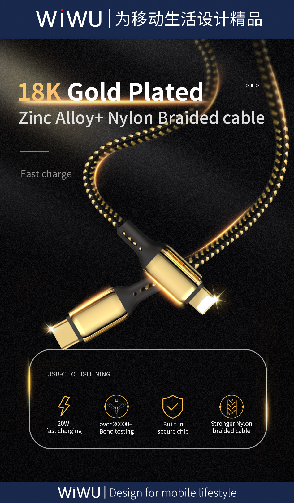 WiWU 2021 Top Selling Nylon Braided USB Dual Charging Cable Cord Charging Cable for for Android for i-Phone