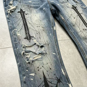 <span class=keywords><strong>Jean</strong></span> Homme Personnalisé OUNA – Effet Usé, Déchiré, Coupe Évasée, Graphisme Croisé, Éclaboussures de Peinture, Denim Vintage Délavé, Tissu Épais - Product Image 2