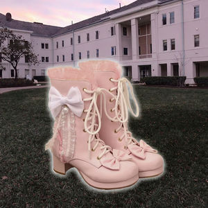 Bottines courtes Lolita d'automne avec oreilles de lapin mignonnes, lacets, talon épais, nœud papillon, grande taille 46, semelle en caoutchouc massif, fermeture éclair - Product Image 2