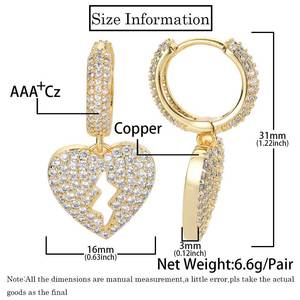 Boucles d'oreilles pendantes Hip Hop en or véritable avec cristaux de zircon étincelants, motif cœur brisé, pour femmes et hommes - Product Image 3