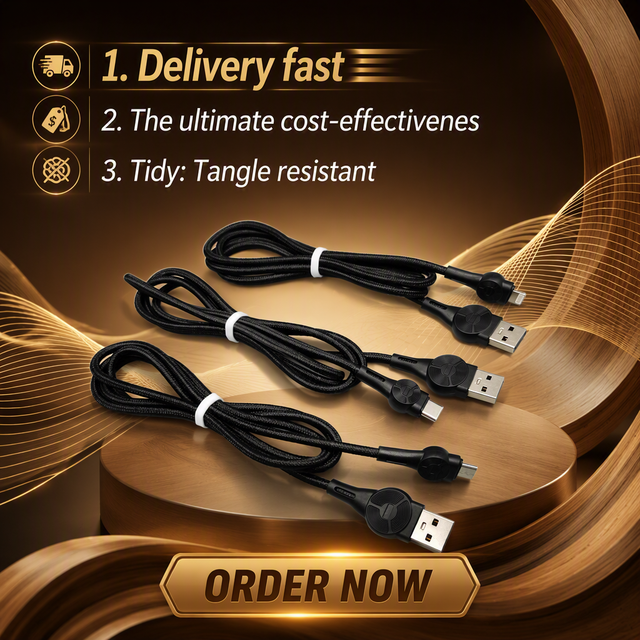 XF-97M Christmas Gift 3-in-1 2A Fast Charging Nylon Jacketed Braided USB Cable Type-C/Micro USB Connectors 1.2m Black All