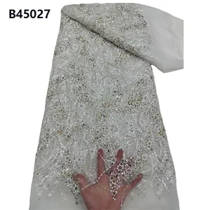 CHOCOO New Arrived Premium White Bridal Beaded Lace Fabrics Polyester Material Nigerian African Lace Fabric For Dress