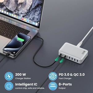 Station de charge 200W GaN PD 3.1 Chargeur rapide USB C 8 ports pour MacBook Pro et serveur Rack Desktop Power Hub - Product Image 6