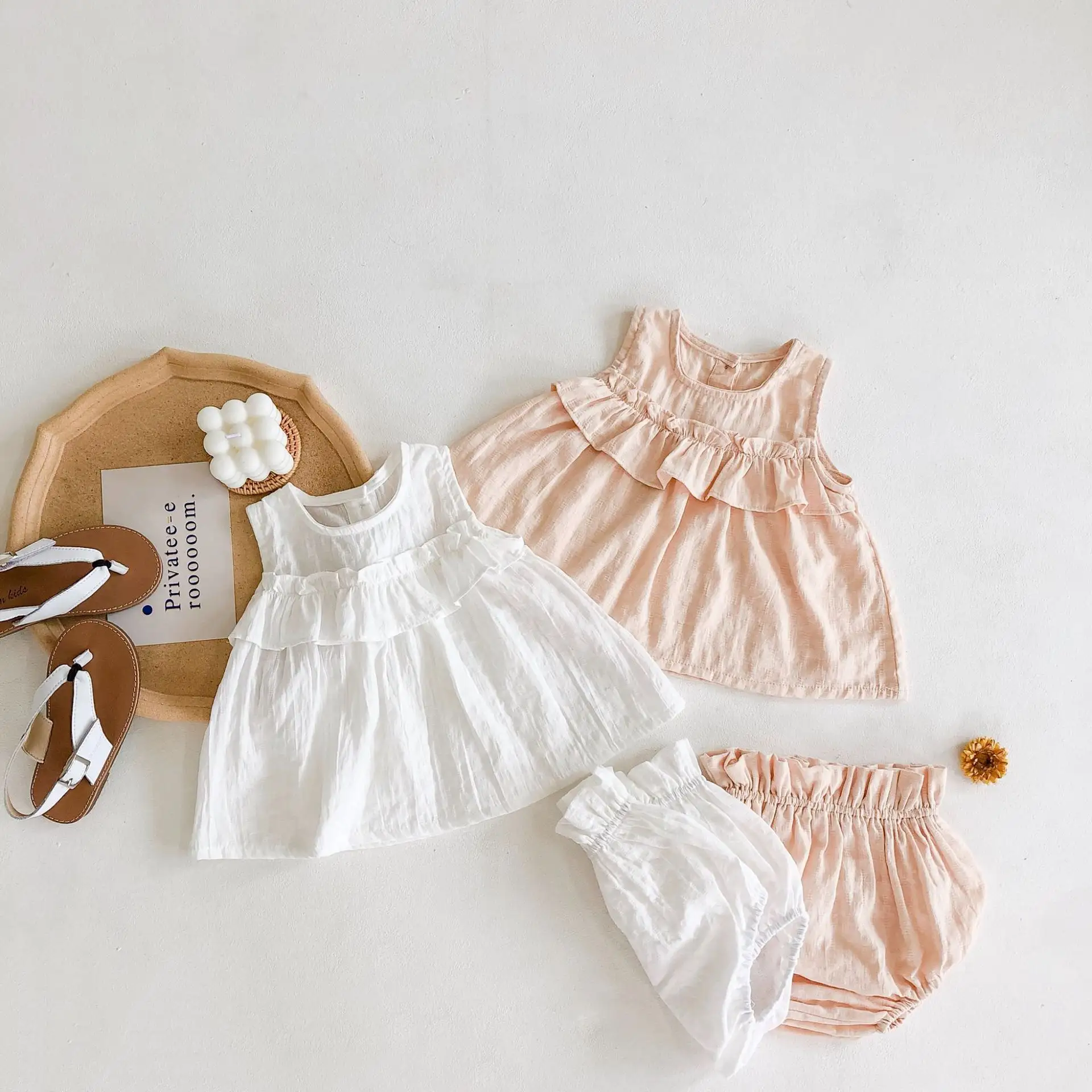 2020 Summer baby suit newborn baby cotton sleeveless wooden ear top + lantern bread pants baby girl two-piece suit