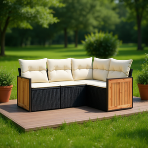 Ensemble de salon de jardin blanc crème et noir 4 places en rotin, meubles d'extérieur en teck, design contemporain - Product Image 2