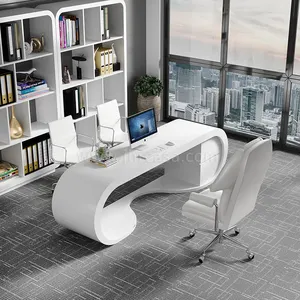 Meja Perabot Kantor Salon Modern Ujung Bulat Mengkilap Tinggi Meja Direktur Eksekutif Meja Kantor Putih