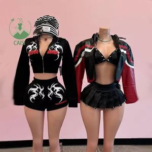 Street Print Nouveaux Ensembles Assortis Casual Crop Hoodie + Shorts Match 2024 Pu Veste En Cuir <span class=keywords><strong>Jupe</strong></span> <span class=keywords><strong>Noir</strong></span> Sexy Rivet À Capuche Soutien-Gorge Ensemble - Product Image 1