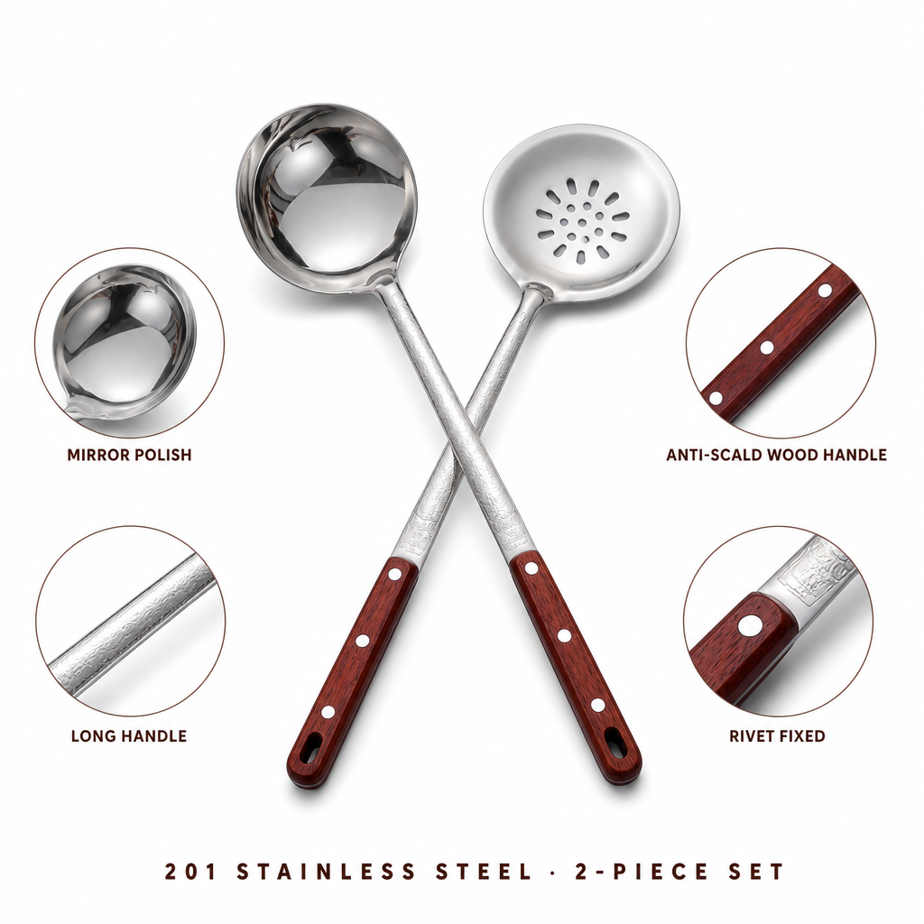 Kitchen Cooking Tools Russia Style Flower Handle 201 Stainless Steel Soup Ladle and Slotted Spoon with Wooden Handle Utensil Set · image 5