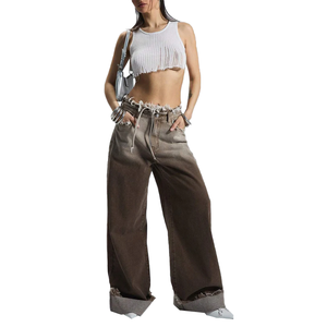 Pantalones vaqueros de mezclilla de mujer al por mayor, de cintura baja, con degradado, flecos sin rematar, cintura con cordón, pierna recta hasta el suelo, holgados y de pierna ancha - Product Image 1