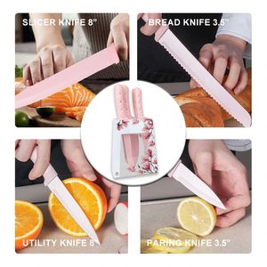 Juego de Cuchillos de Cocina Clásicos de Acero Inoxidable 3cr13, Cuchillos Utilitarios con Mango de Diamante Antideslizante con Diseño de Flor Rosa y Soporte Acrílico - Product Image 5