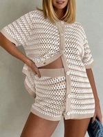Ensemble deux pièces ample en maille ajourée rayée pour femme, cardigan boutonné à manches courtes et short à taille élastique, tenue de détente printanière