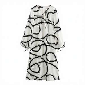 Women's <b>Loose</b> Midi <b>Dress</b> Geometric Print Puff Sleeve Tie Neck Casual Summer Woven Viscose <b>Dress</b> - Product Image 2