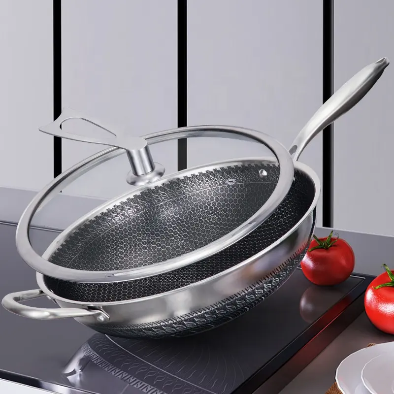 Honeycomb Coating Cooking 304/316 Stainless Steel 32 cm Frying Pan With Handle Non-stick Fry Pan wok pan