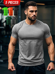 T-shirt en coton tricoté à manches courtes et col rond pour homme, coupe classique, couleur unie, décontracté - Product Image 5